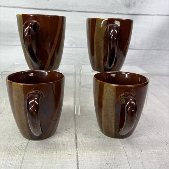 Sango AVANTI BROWN 4722 Stripes On Sand Stoneware 12oz Coffee Cups Mugs Set of 4 - Picture 6 of 15